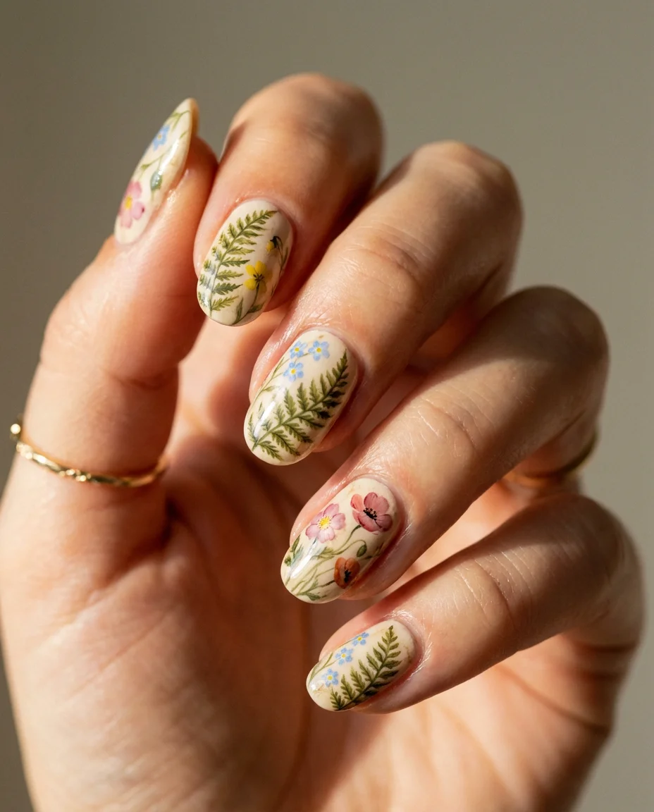 Minimalist nude nails with fine-line monstera leaves